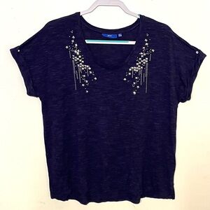 APT. 9 size XL blue cuffed sleeve burnout t-shirt with Bling-studs on front